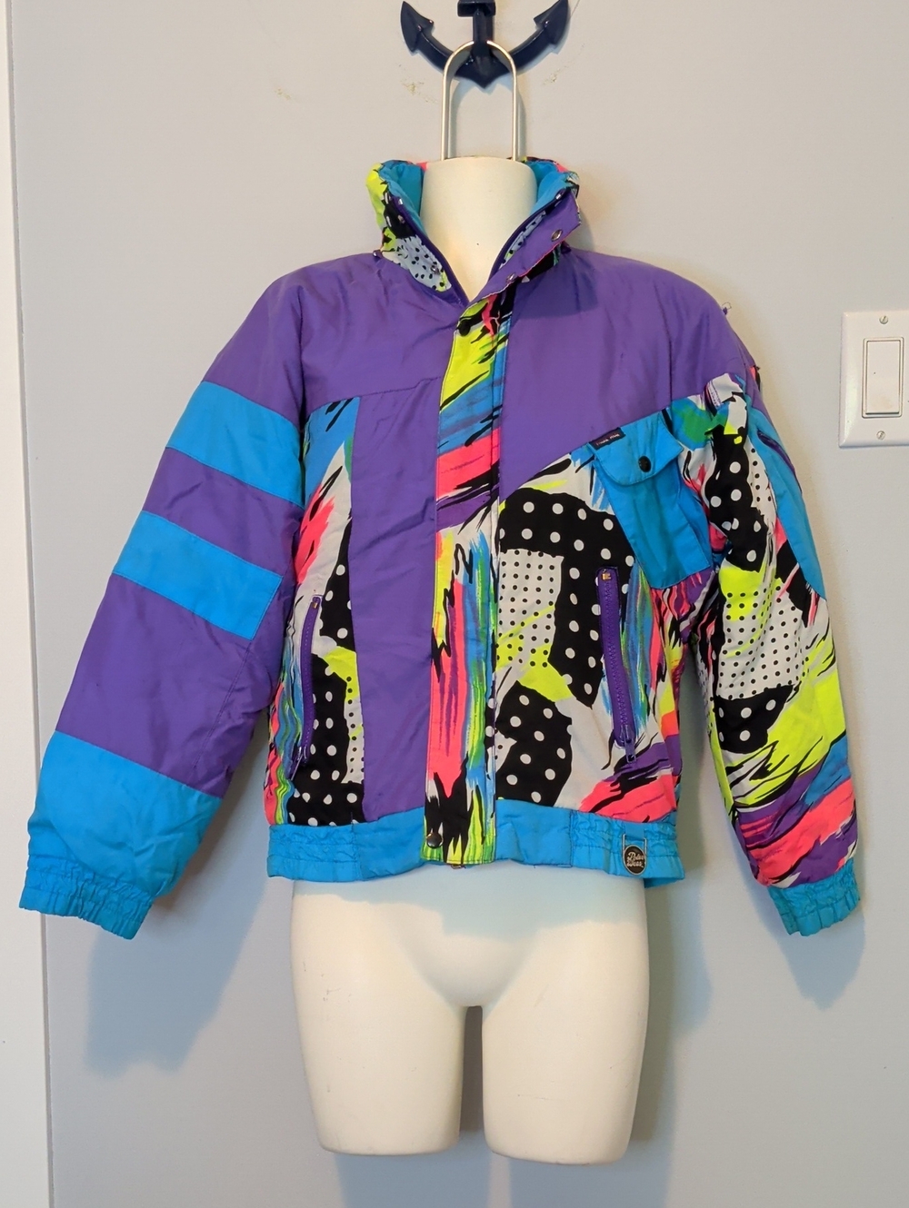 Kids Neon Abstract Colorblock 80s Ski Puffer Jacket - Purple/Blue